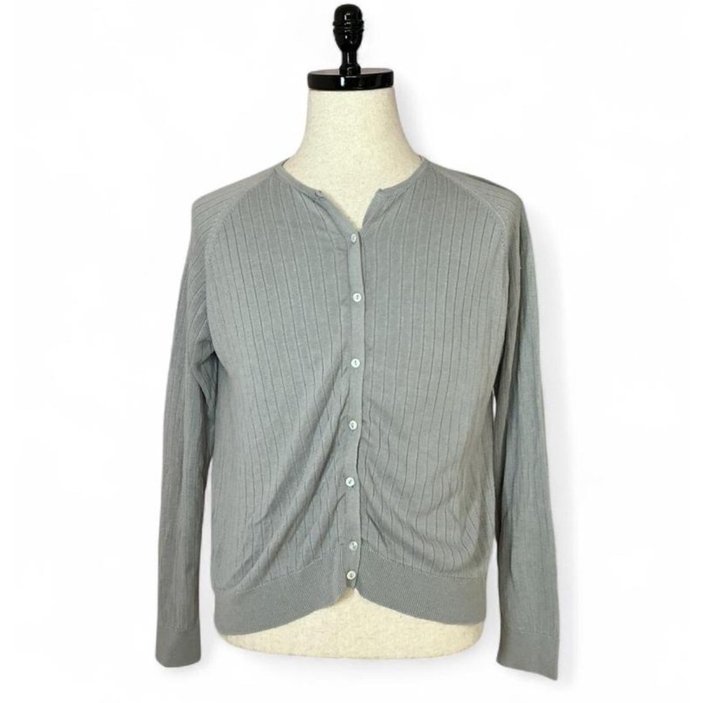 Vintage August Silk 100% Silk Gray Ribbed Knit Cardigan‎ Sweater Top Womens XL
